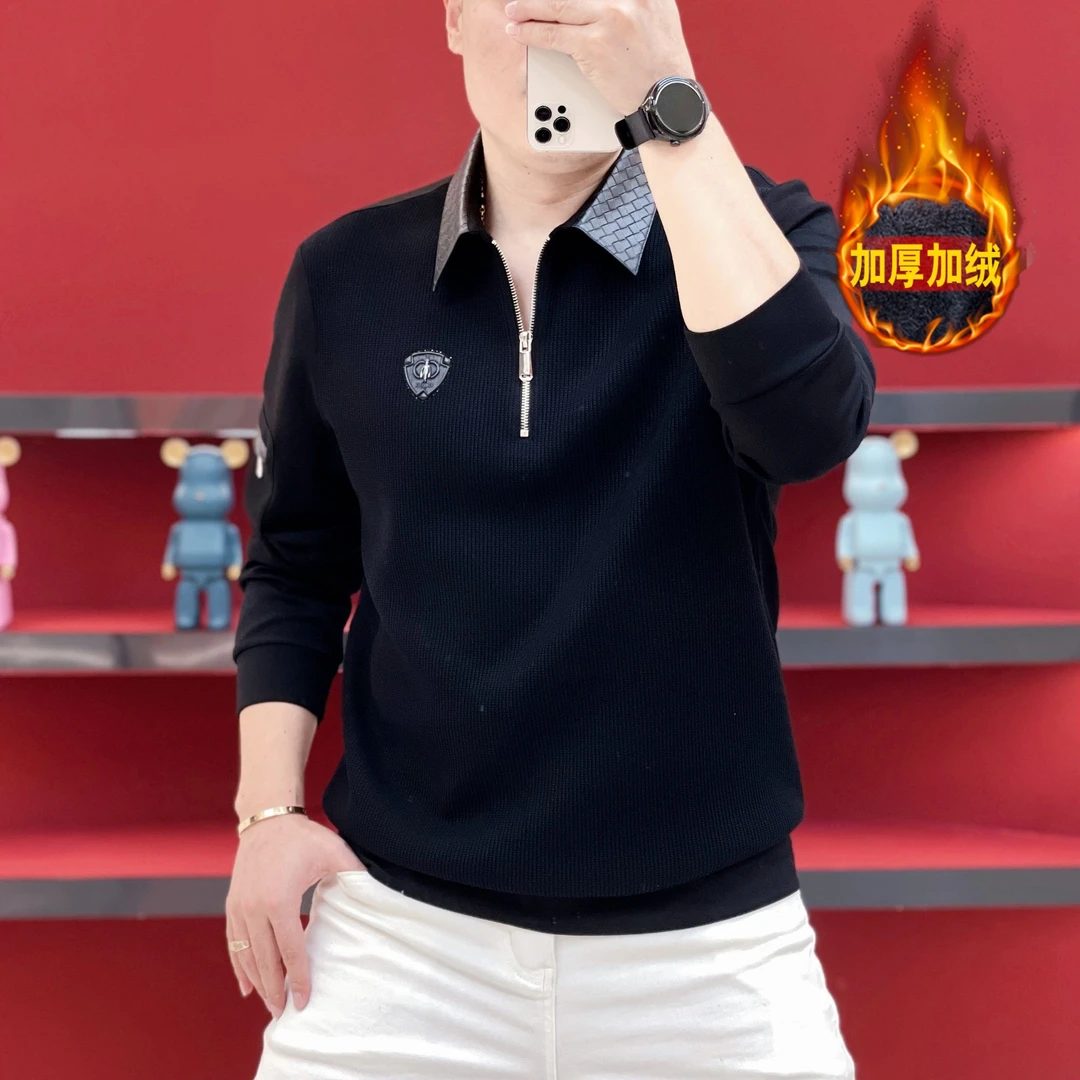2025秋冬季款欧货翻领套头针织拼接韩版修身保暖长袖针织男士卫衣