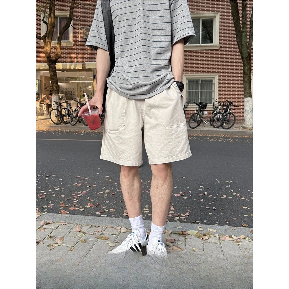 米白色工装潮牌短裤男生2025新款夏季纯棉百搭休闲宽松阔腿五分裤