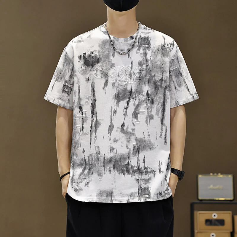 【高品质 】夏季钢印短袖t恤男款美式复古印花半袖男潮流 26028 A