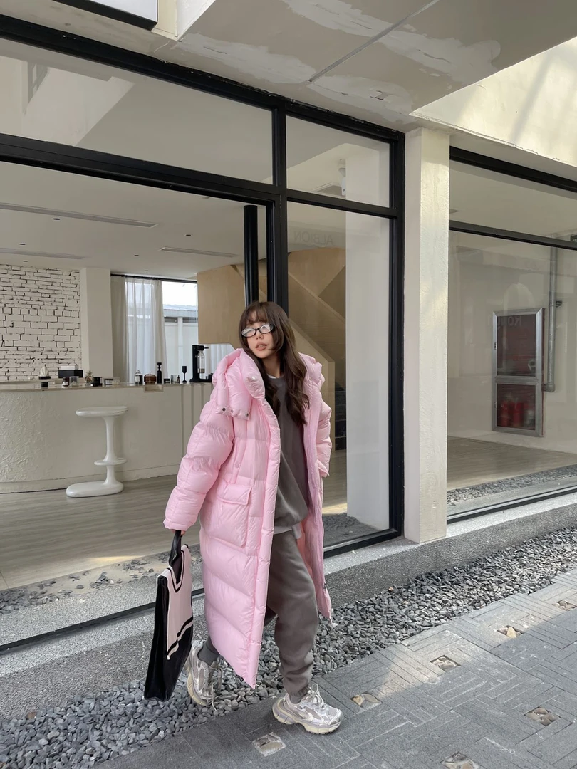 3351冬季90白鸭绒长款羽绒服女过膝超长新款宽松加厚连帽外套