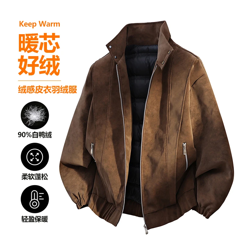 新款90绒羽绒服男士冬季加厚保暖防寒美式复古休闲立领PU皮外套男