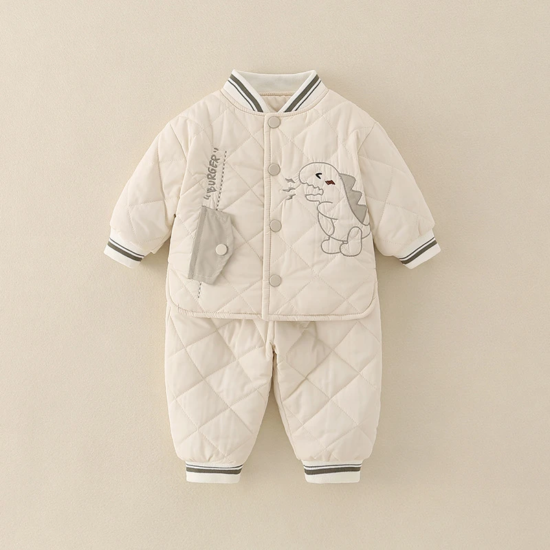 2025年冬季夹棉衣服两件套一岁男宝宝卡通保暖薄棉棉服分体套装