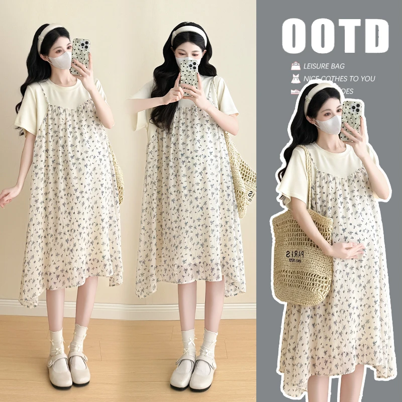 孕妇夏装2025夏季新款时尚洋气韩版休闲宽松吊带碎花假两件连衣裙