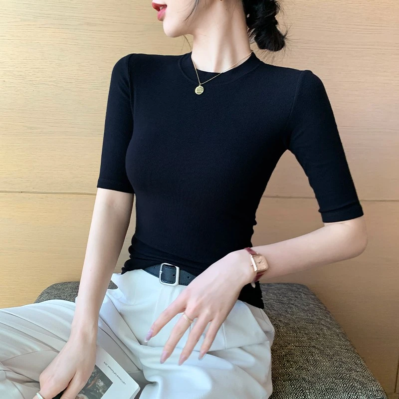 黑色中袖打底衫女2026新款修身t恤内搭高级感五分袖小半高领上衣