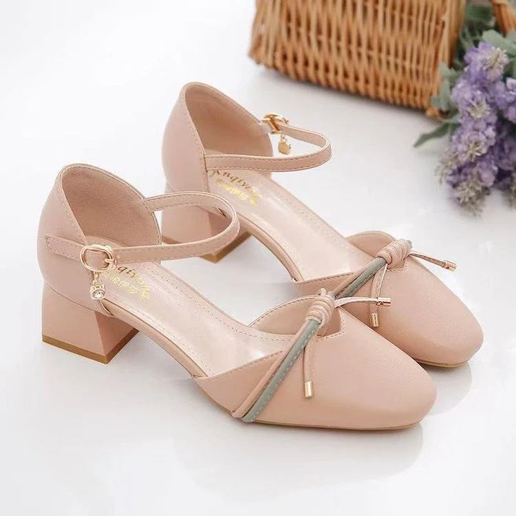 2025春夏季新款方头仙女风韩版时尚温柔风女鞋 百搭一字带粗跟