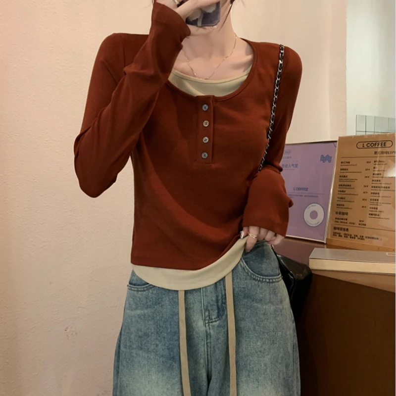 美式复古撞色假两件长袖t恤女款秋冬季新款圆领上衣修身短款上衣