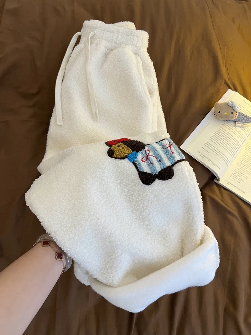 蝴蝶结小狗加绒加厚珊瑚绒睡裤女冬季大码保暖家居裤打底裤可外穿