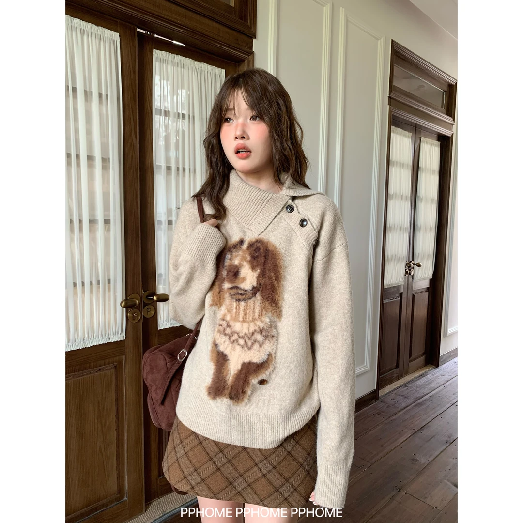 【大码】5095复古卡其色腊肠狗翻领毛衣女秋冬宽松针织衫休闲上衣
