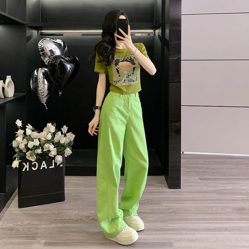 夏季新款多巴胺时尚休闲果绿色阔腿裤短裤短袖t恤套装显瘦减龄女