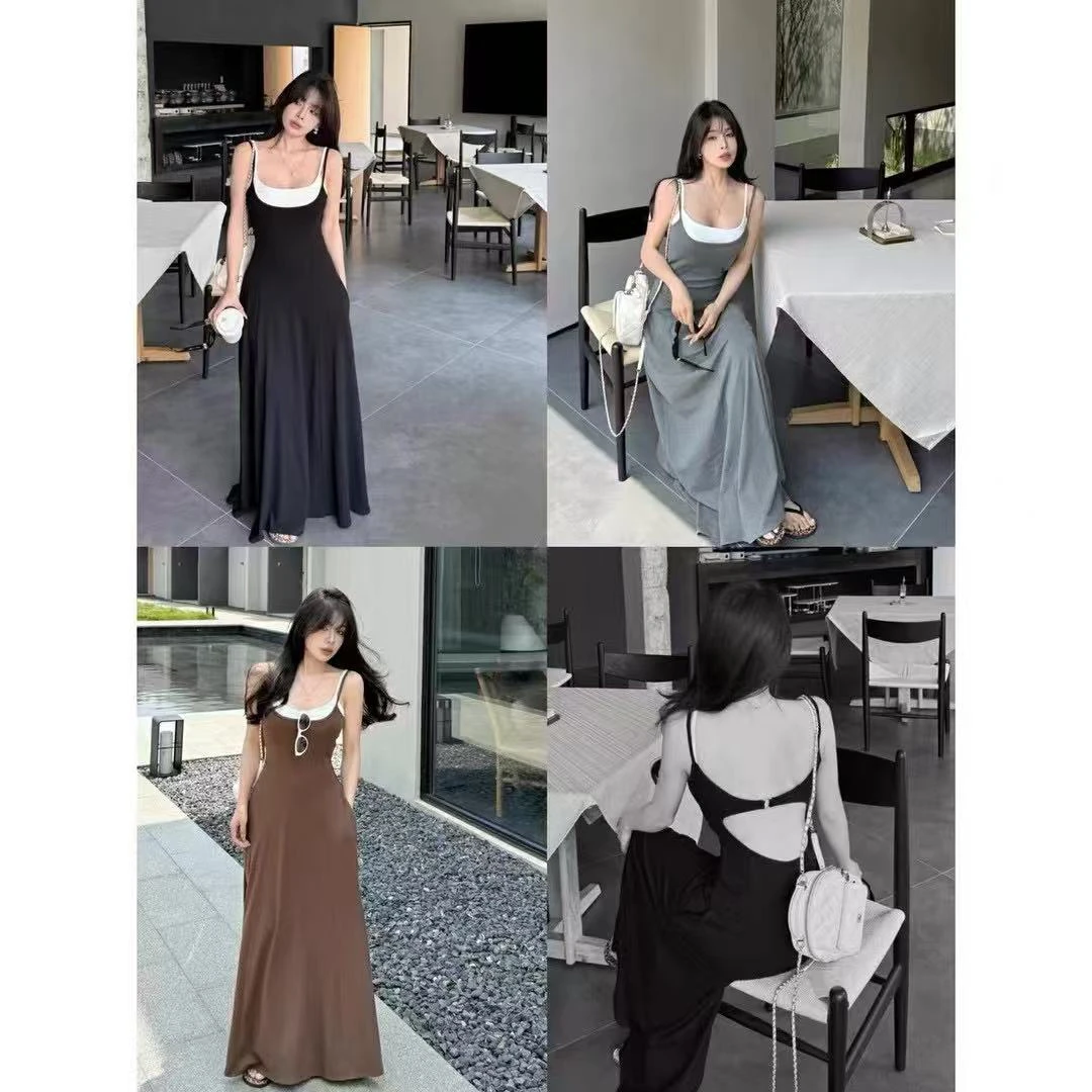 夏季新款露背设计感假两件包臀吊带长裙显瘦气质