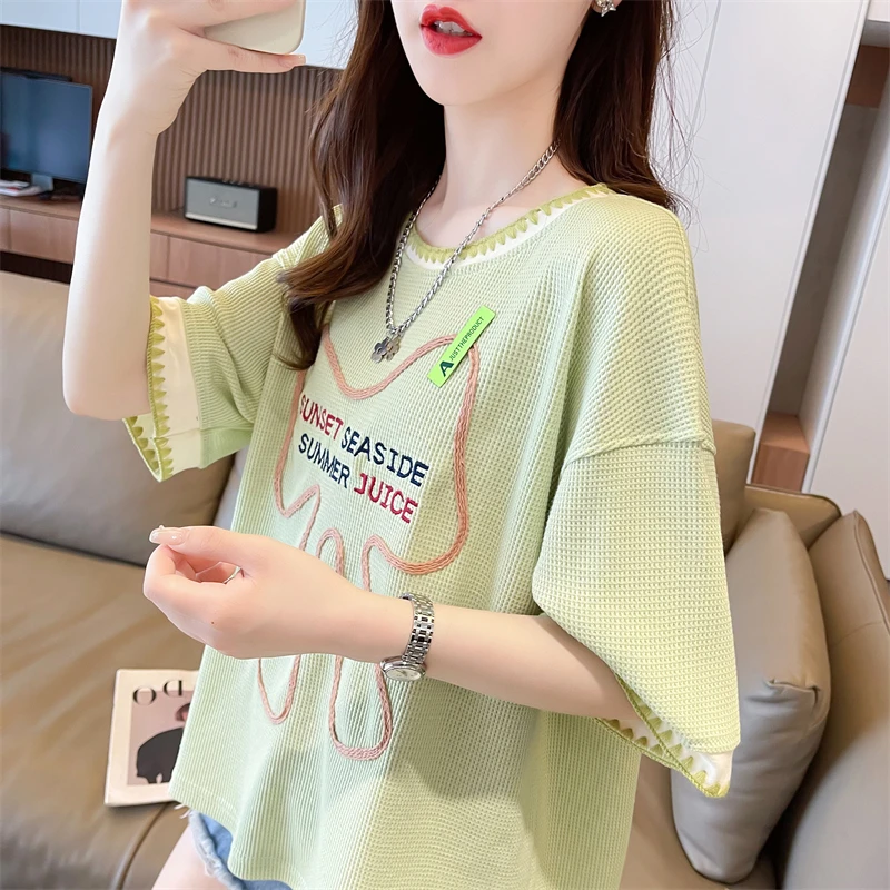 小个子华夫格短袖T恤女夏季新款韩系宽松休闲百搭设计感体恤上衣