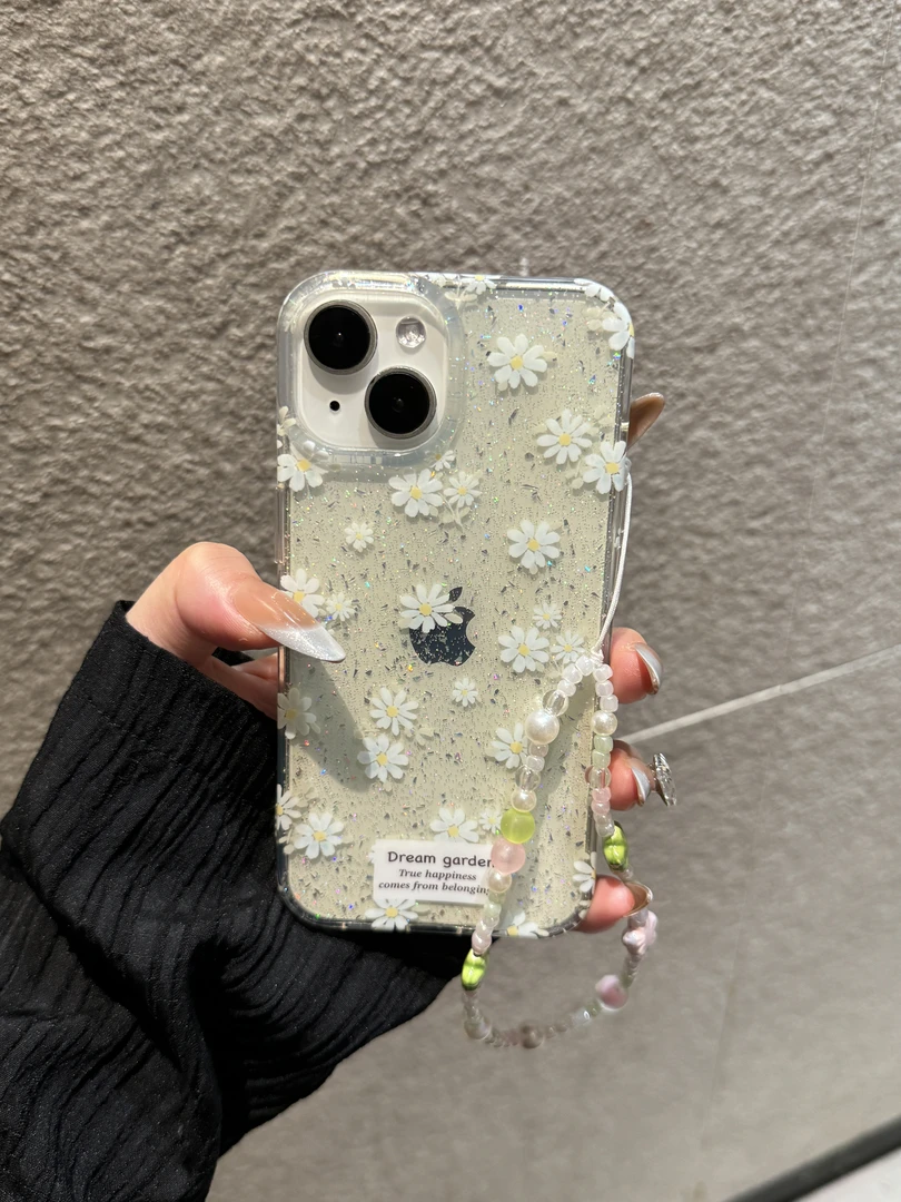 夏日透色闪粉花朵适用苹果16promax双层iPhone15手机硬壳14防摔13