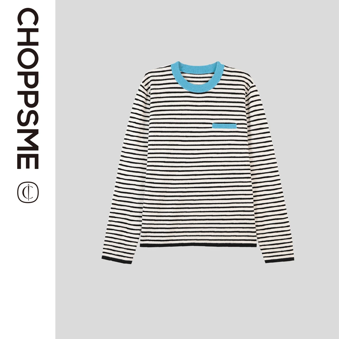 巧珀思|23820羊毛羊绒混纺时尚撞色边假口袋宽松套头条纹针织衫