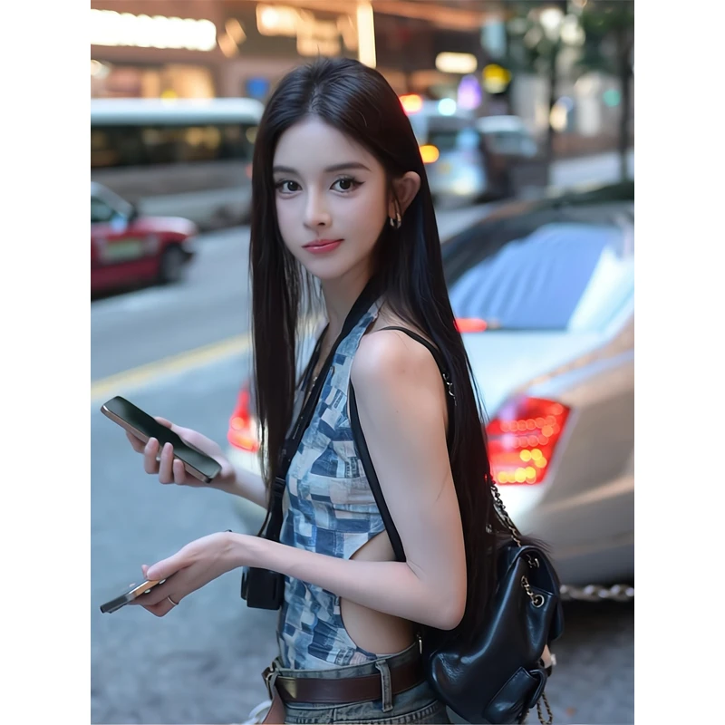 挂脖小吊带背心性感露腰美背上衣阔腿牛仔裤水洗磨破做旧拖地裤子