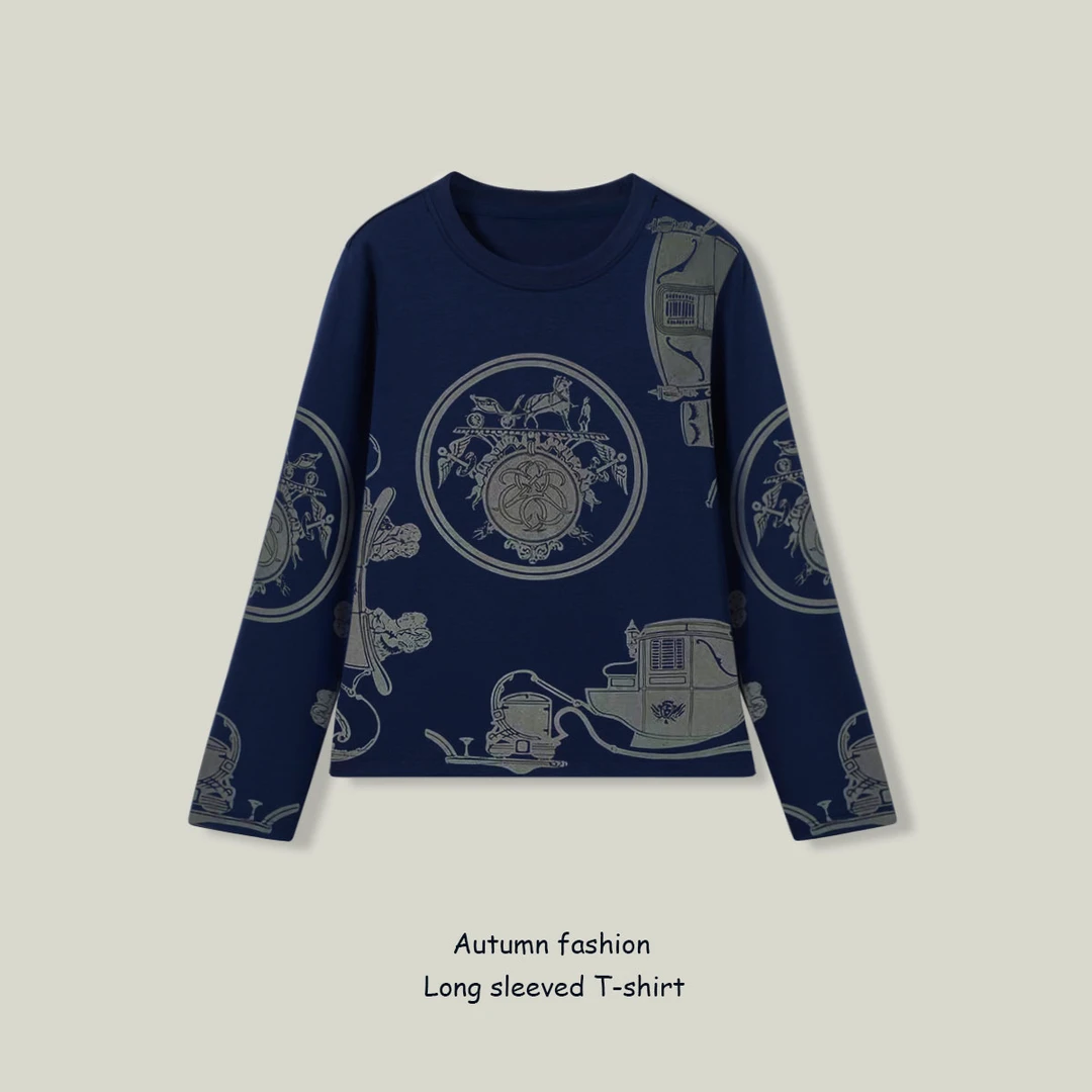 2025秋季新款圆领长袖印花设计感打底衫女时尚百搭休闲复古上衣女