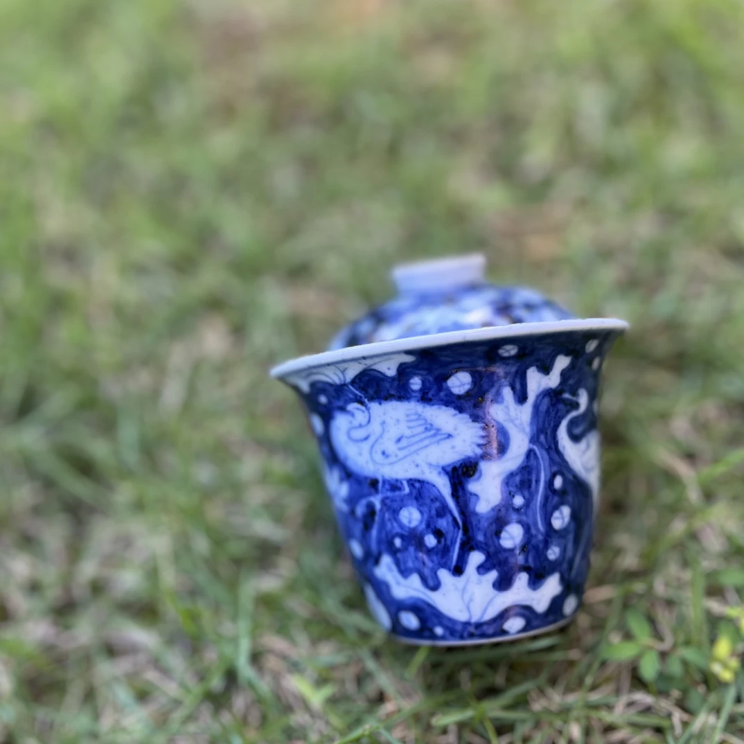 景德镇缠枝陶瓷幽蓝溪堂仿元青花一路连科卧足盖碗茶具