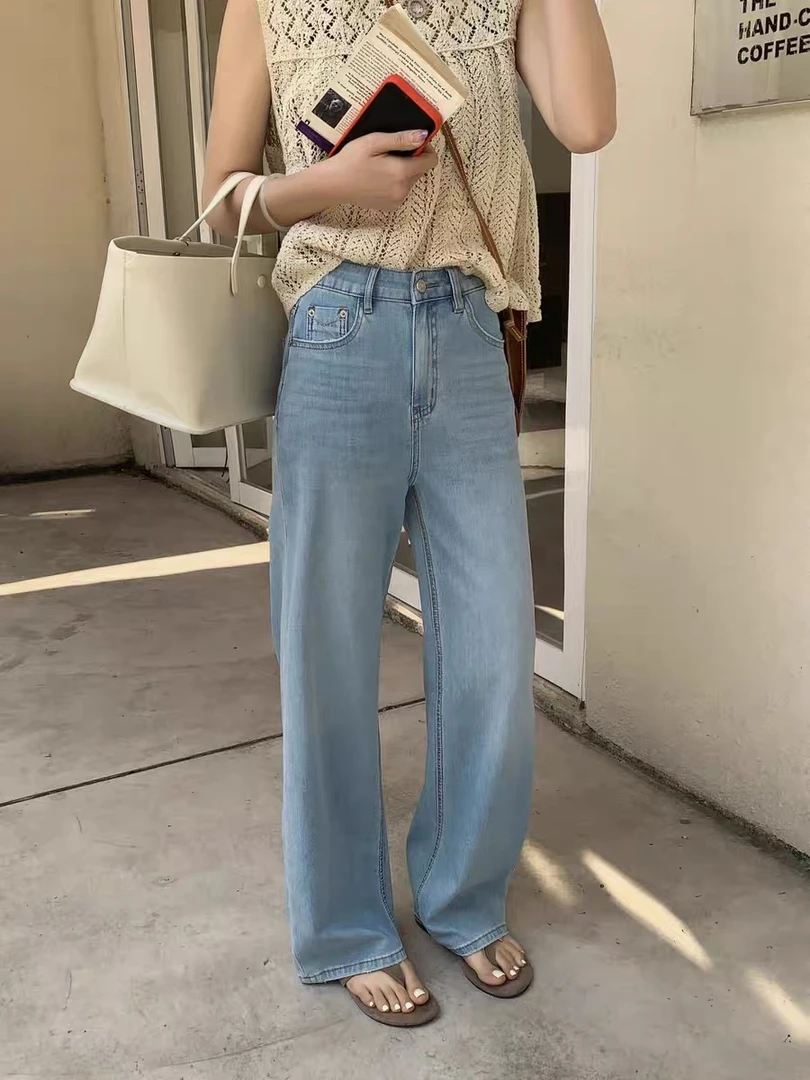 【25633】小松菜 夏款超软超薄 四面弹 醋酸牛仔夏季窄版直筒裤