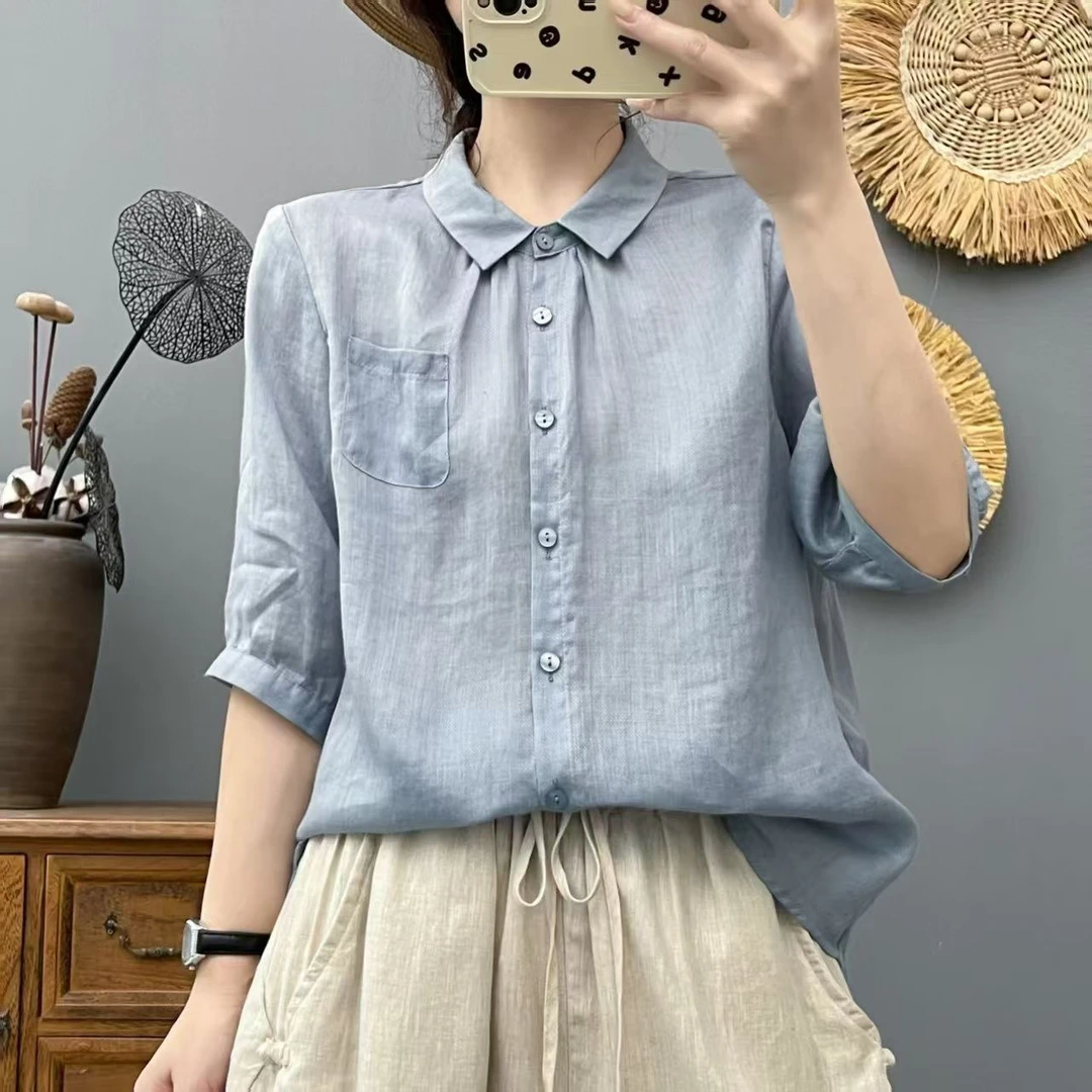 苎麻衬衫女夏季薄款纯色苎麻短袖衬衫休闲文艺显瘦百搭上衣