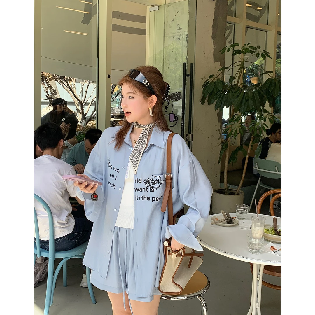 裂渡宣宣【显白优选】微胖大码女夏时尚印花衬衫+短裤套装ZY504A36