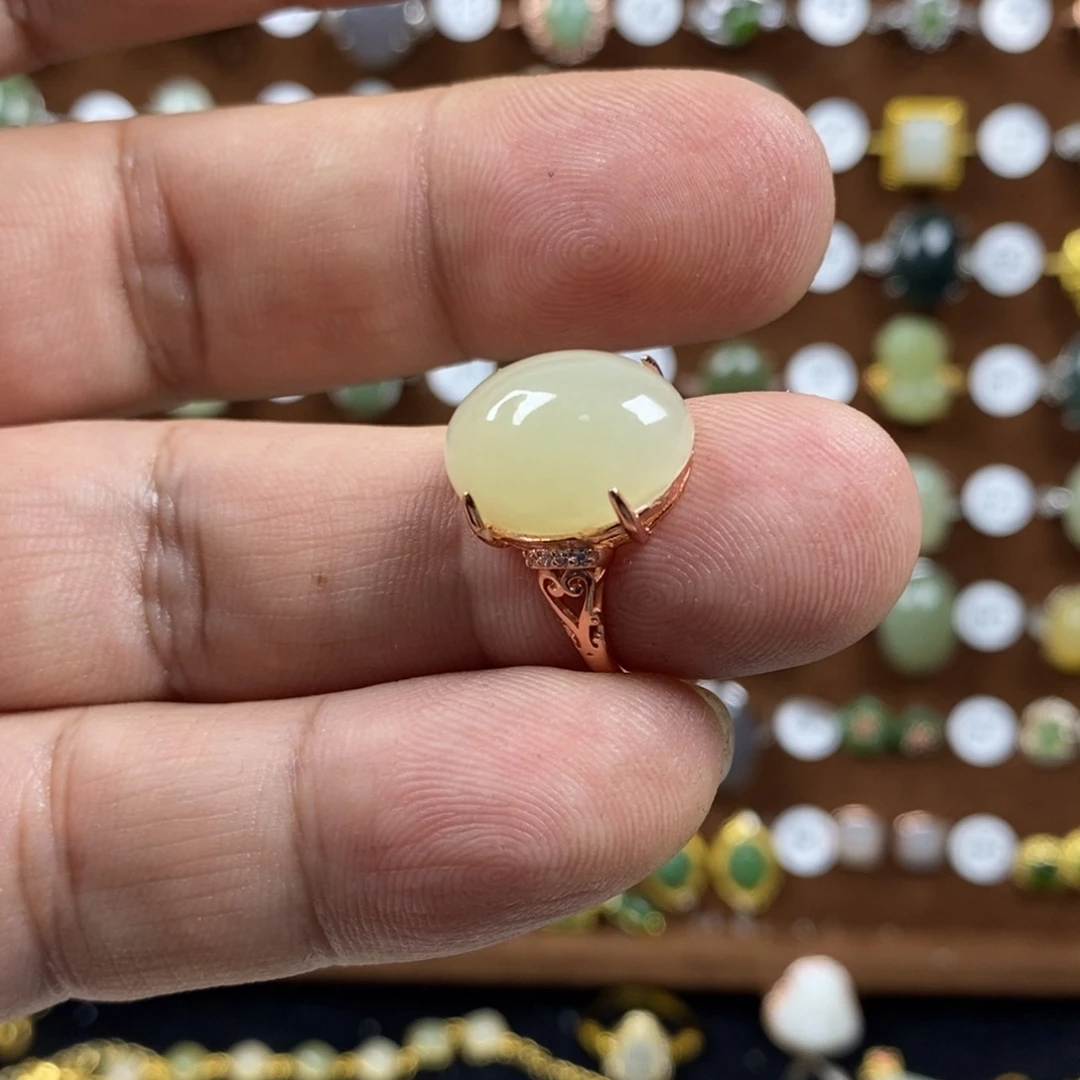 和田玉（青白玉）戒指银S925镀金镶嵌