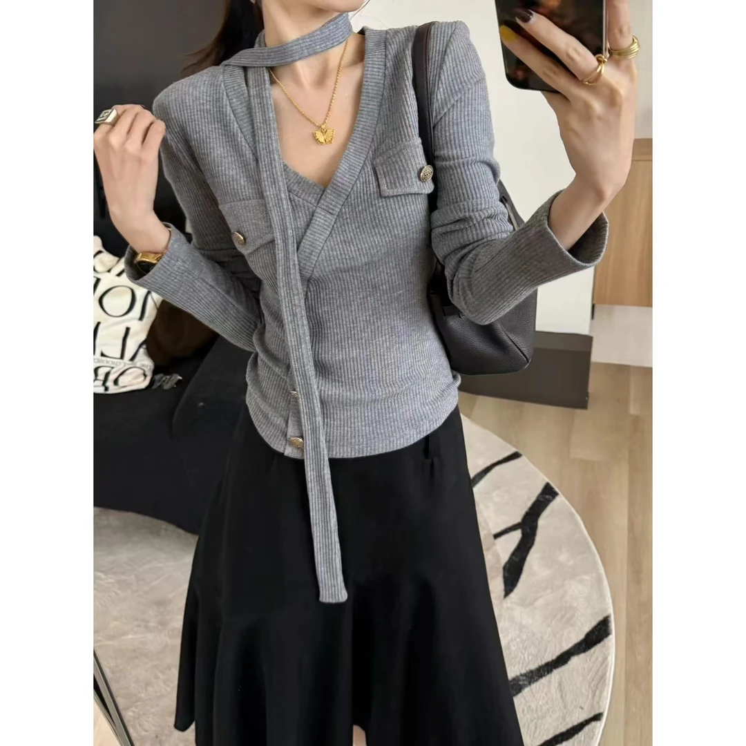 SP【落日咖啡店】 设计感V领飘带上衣内搭性感辣妹厚款质感打底