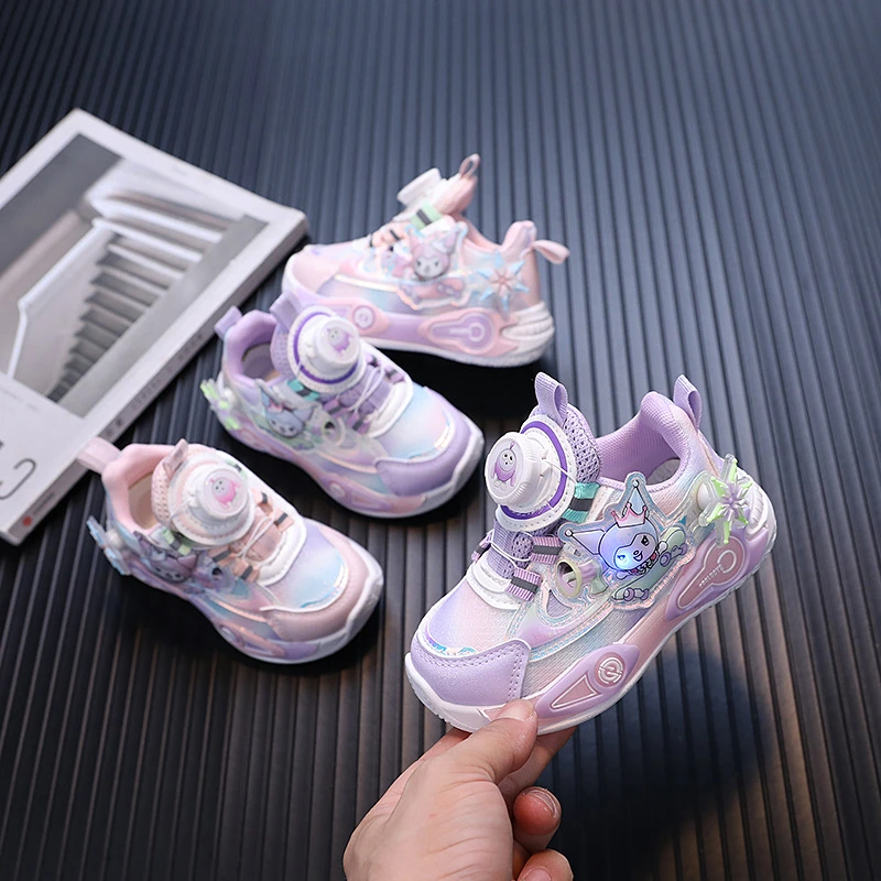 春秋女童运动鞋3-8岁旋转纽扣卡通库洛米带灯宝宝网鞋儿童跑步鞋