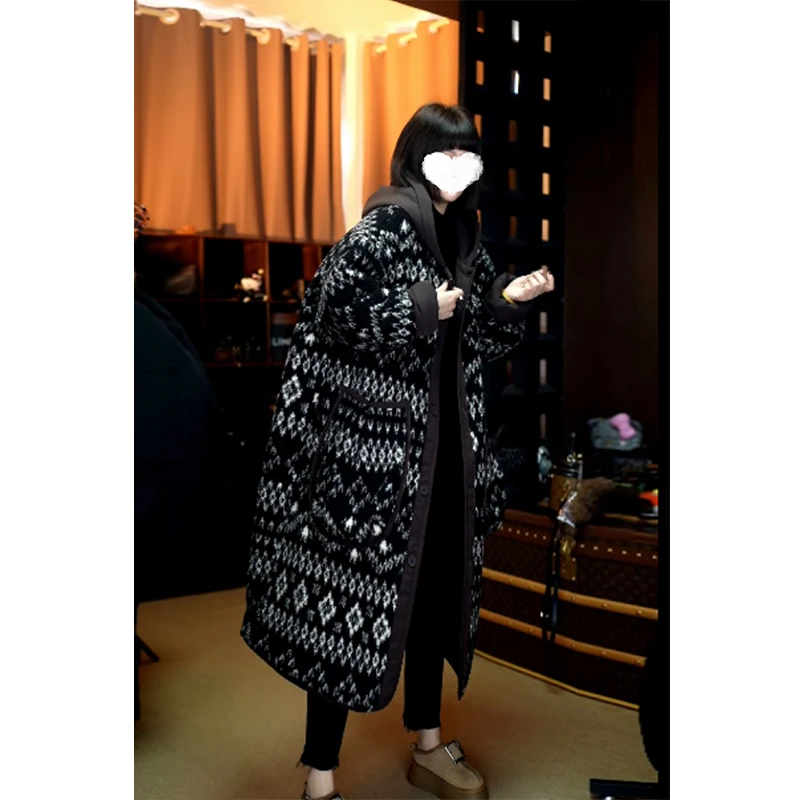 【双面穿】欧货大码连帽长款棉服外套女款冬季新款印花毛衣保暖大衣