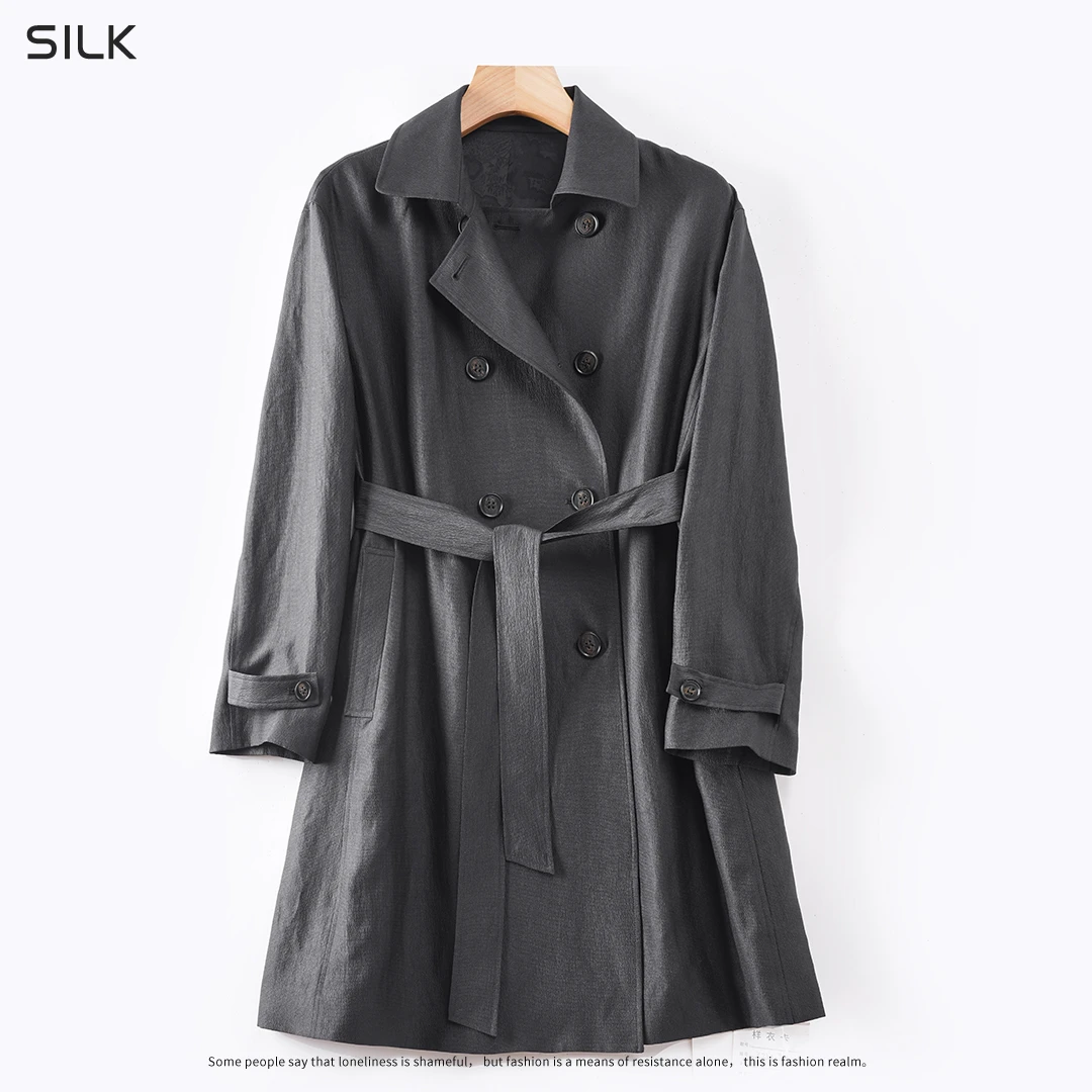 琸娅100%桑蚕丝真丝香云纱珍珠缎女装风衣黑色百搭香云纱时尚气质