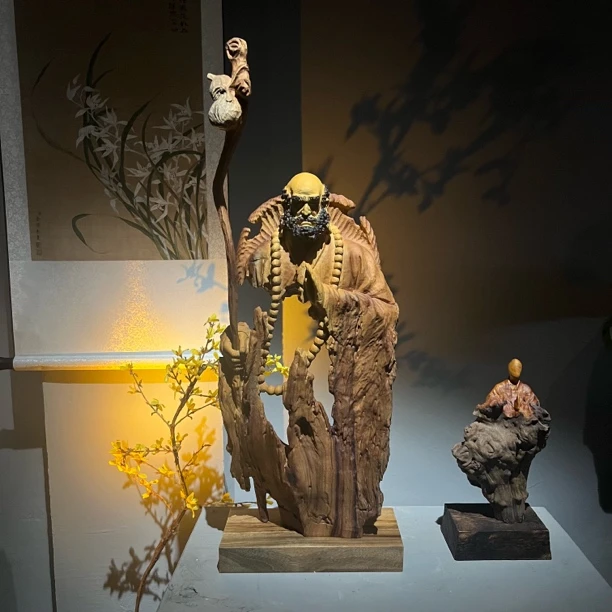 达摩根雕艺术纯手工镂空雕刻香樟木人物摆件客厅茶室酒店民宿装饰