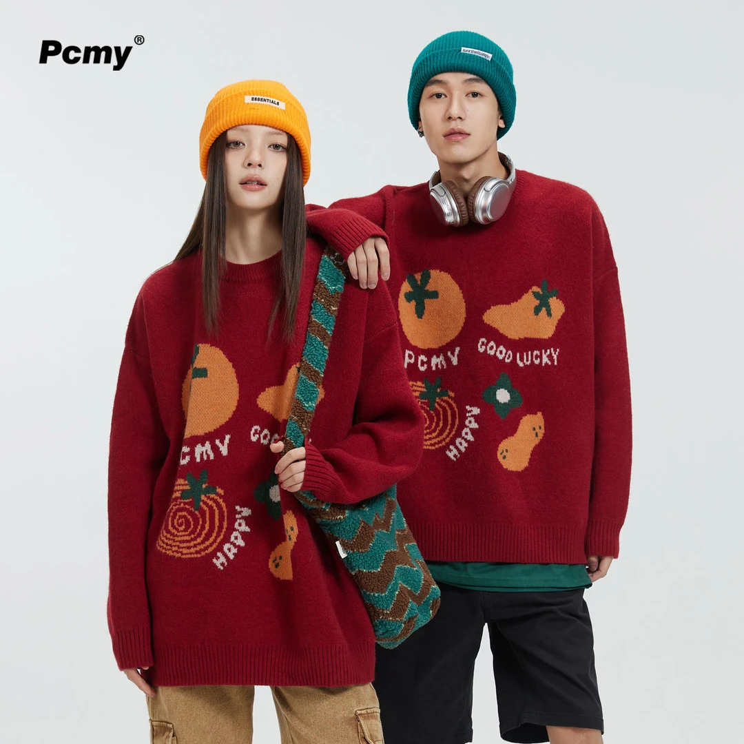 心想事橙红色毛衣潮牌2025新年复古圆领情侣装秋冬宽松针织衫