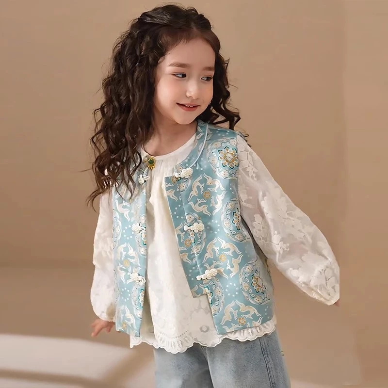 中国风女童马甲时尚坎肩衬衣套装定制儿童新中式马夹绣花舒适穿搭