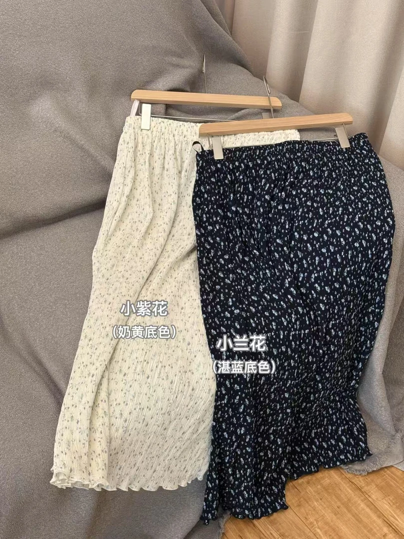 2956【花城秘境】夏季压褶碎花半身裙松紧高腰显瘦直筒长裙