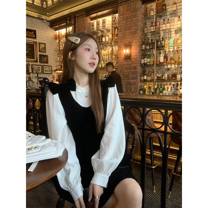 小香风蝴蝶结丝绒连衣裙套装秋季大码胖mm法式复古千金风黑色裙子