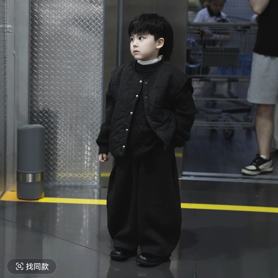 男童冬季加绒套装2025新款儿童洋气宝宝韩版加棉马甲三件套潮