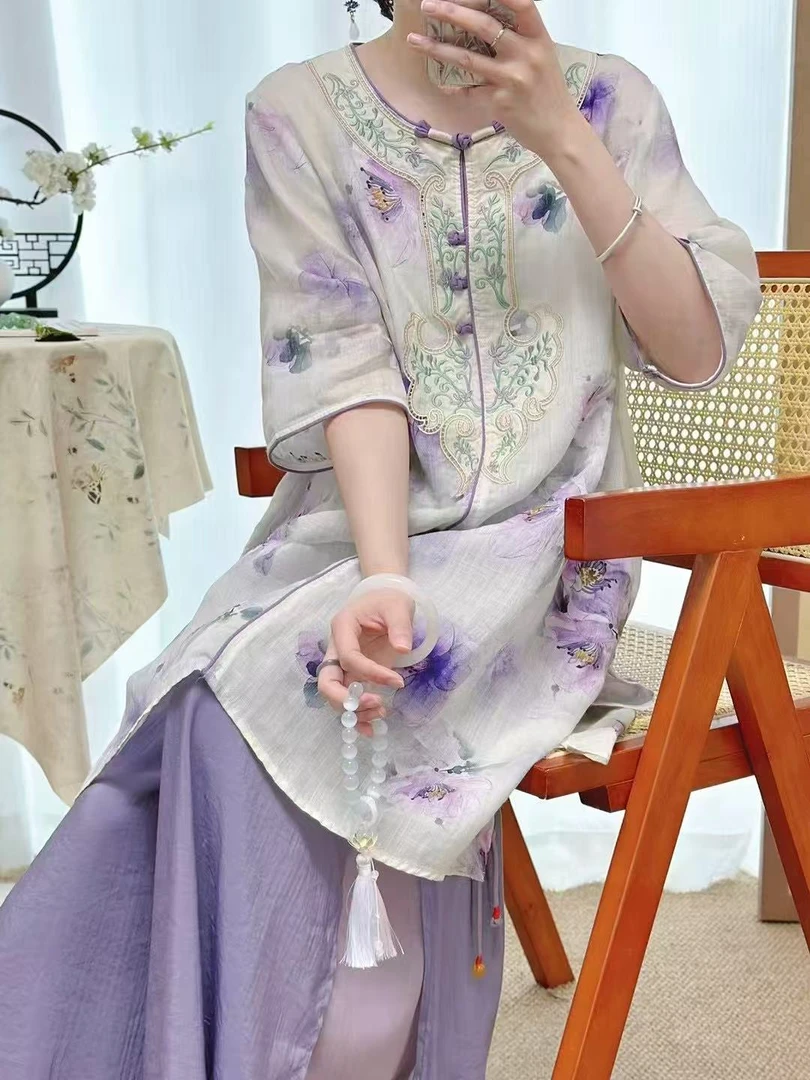 国风高端苎麻42支短袍新中式斜襟立领叠穿旗袍