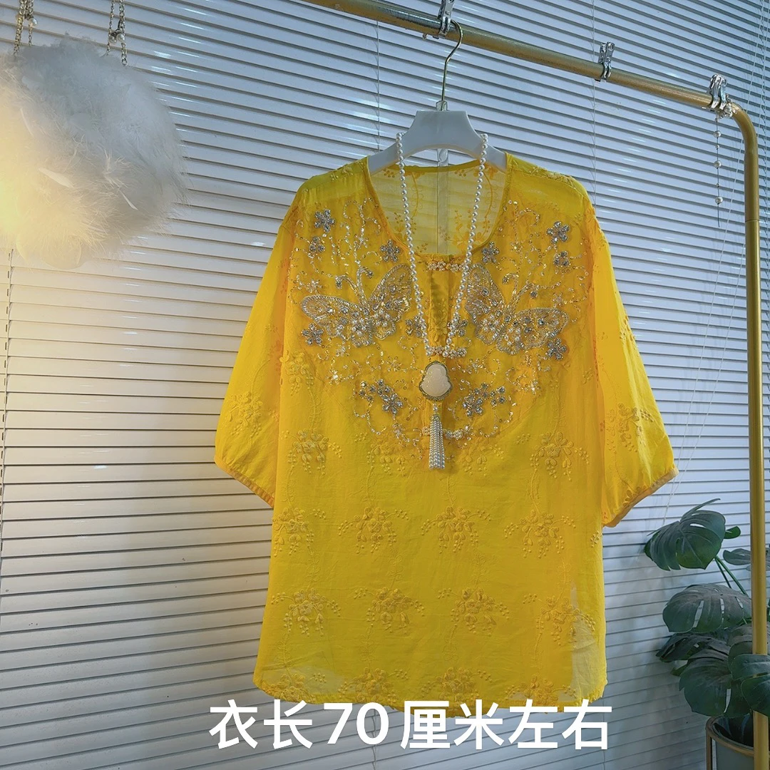 胖MM春夏季重工钉珠立体花蝴蝶工艺国潮风宽松遮肉上衣