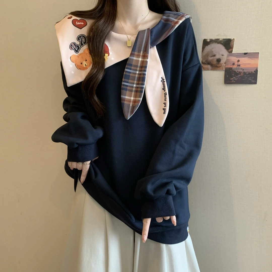 美高甜心胖MM设计感气质海军领显瘦卫衣秋冬学院风可爱女