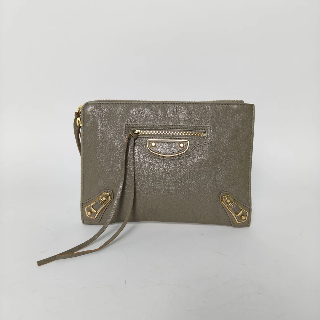 95新 Balenciaga/巴黎世家 花花Classic 机车手拿包 灰色 皮革S