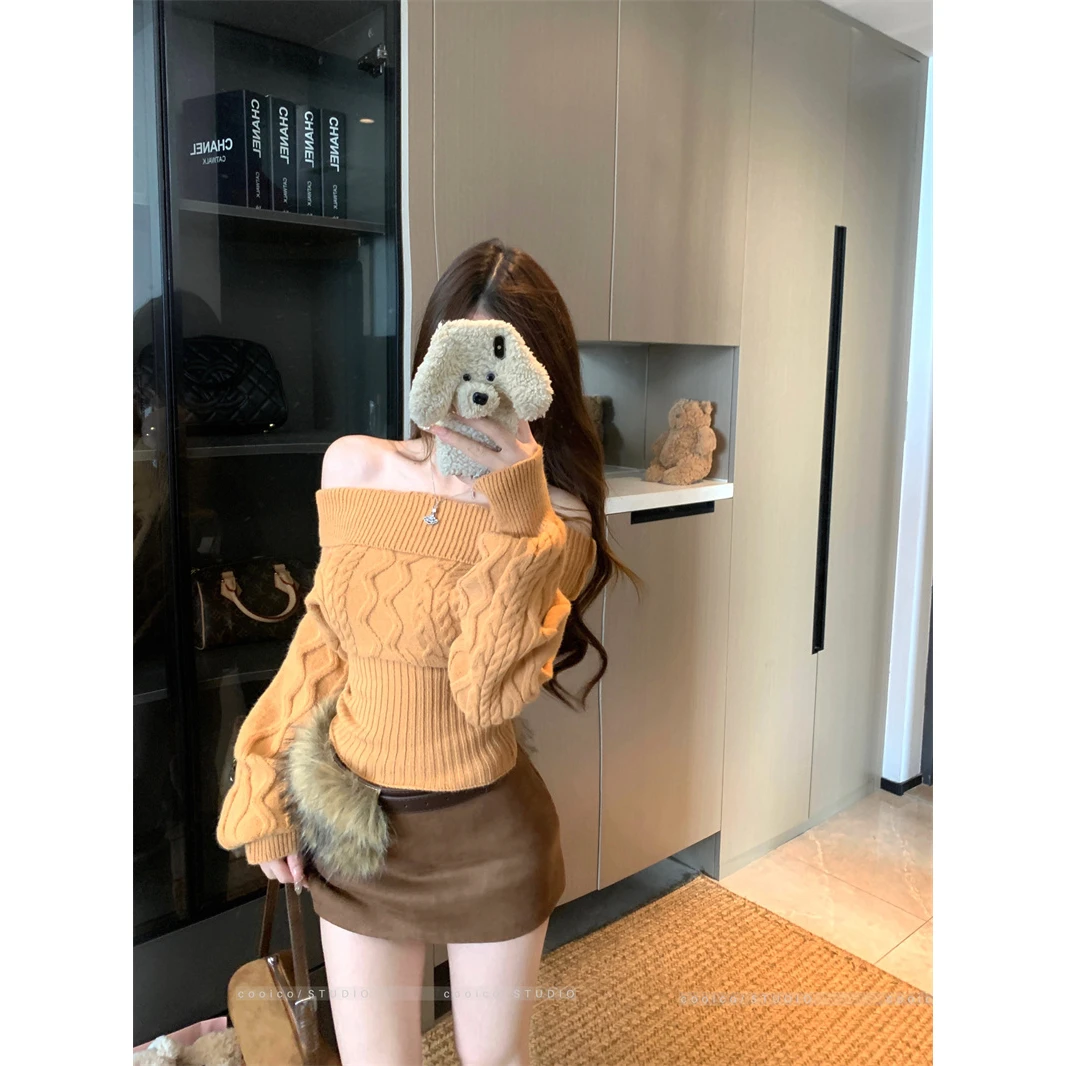 一字肩加厚麻花长袖套头毛衣女秋冬显瘦收腰针织衫设计感气质上衣