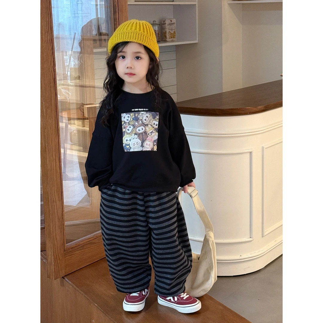 女童加绒套装2025新款洋气儿童卫衣秋冬时髦女宝宝条纹裤两件套潮