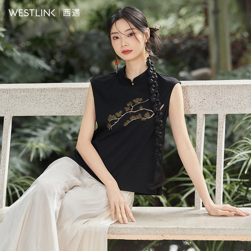 西遇新中式正肩黑色T恤女2024春季新款刺绣修身清冷设计感短袖