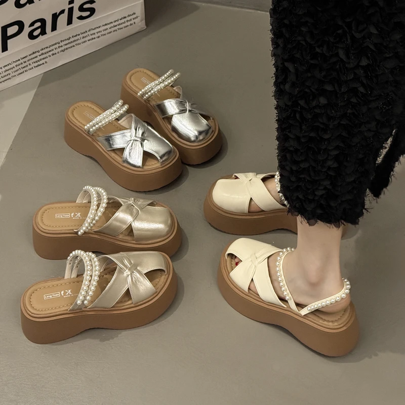 包头半拖鞋女2025新款夏季珍珠两穿厚底设计感镂空一脚蹬懒人半托