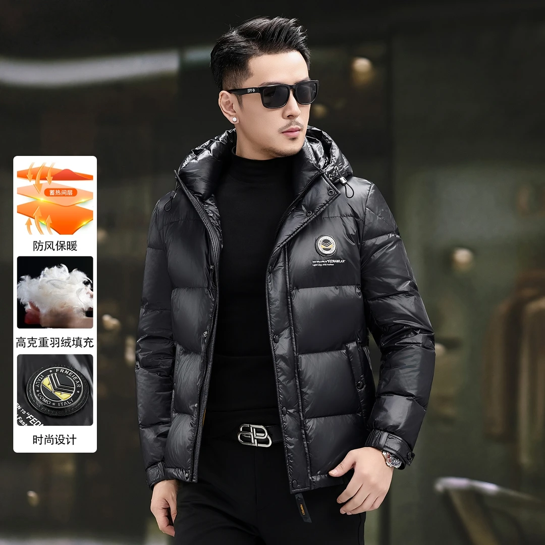 高端男士羽绒服时尚亮面加厚保暖休闲户外连帽防风高克重羽绒外套