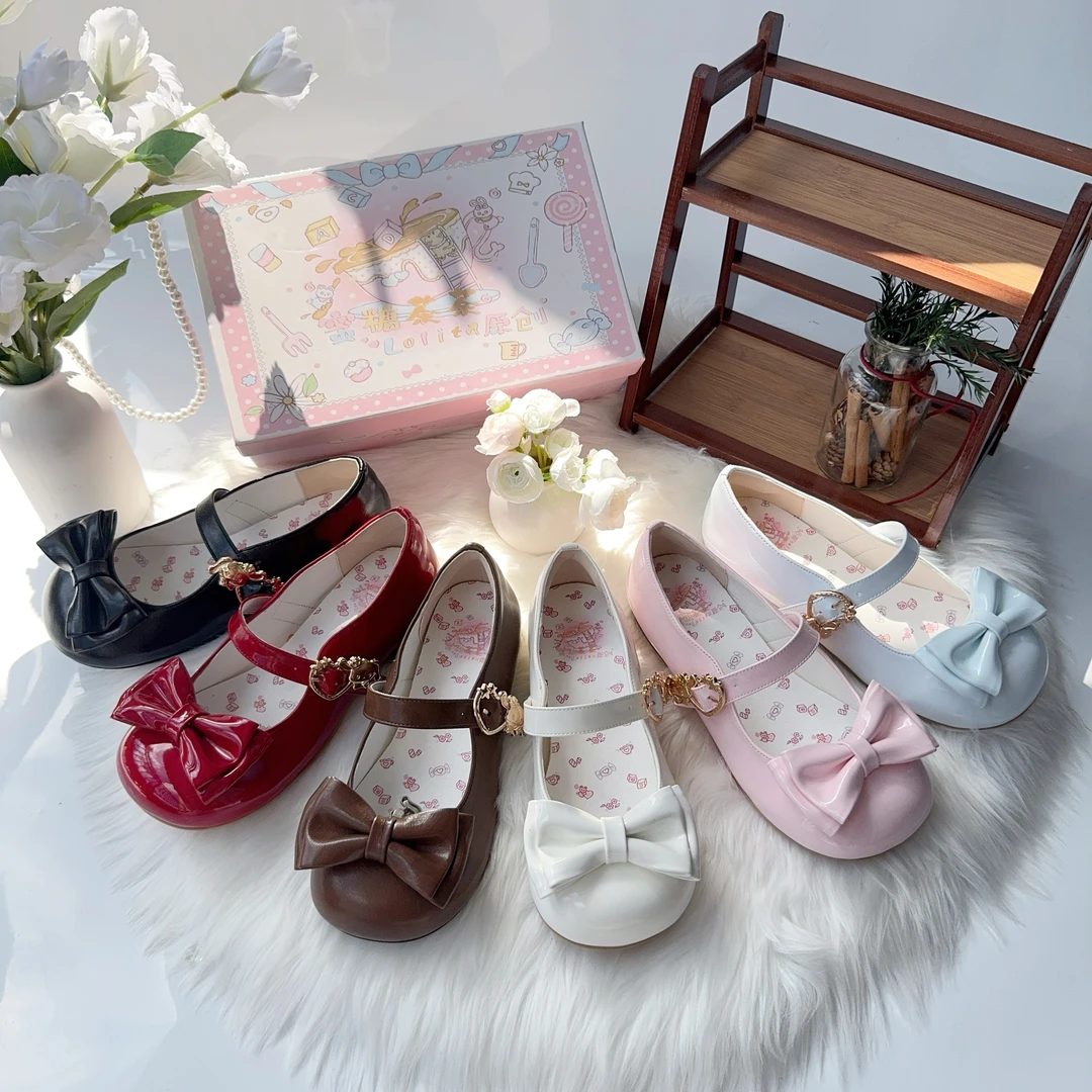 小茶派 蜜糖茶茶原创lolita圆头浅口百搭多巴胺色蝴蝶结平底单鞋