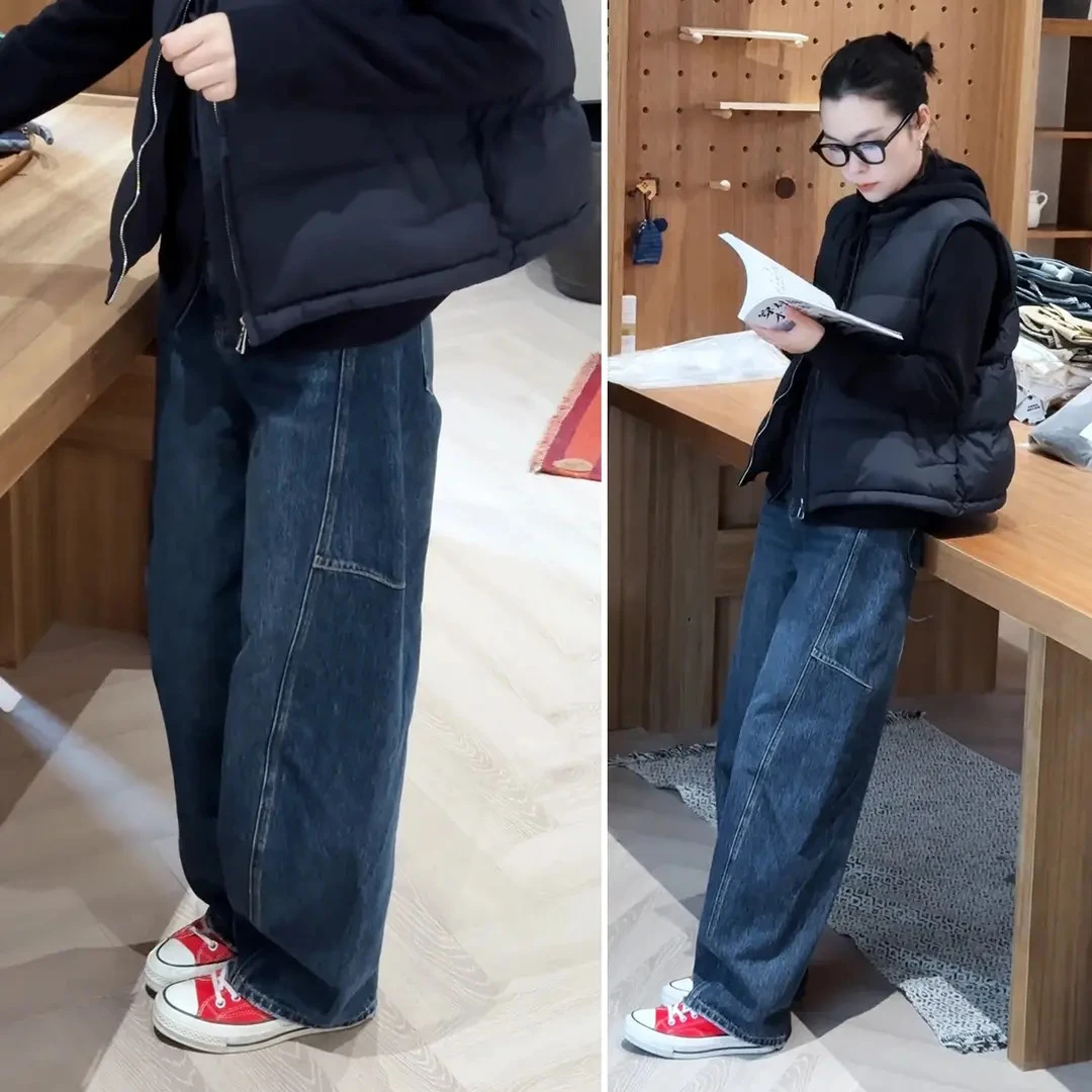 加绒弯刀裤女2025新款高腰冬季牛仔裤显瘦宽松香蕉裤窄版阔腿长裤