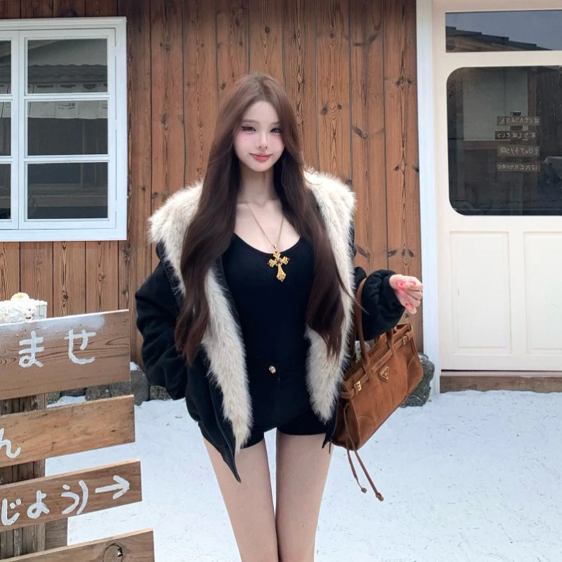 加绒加厚猫耳朵毛领连帽棉服外套女秋冬新款慵懒宽松黑色保暖棉衣