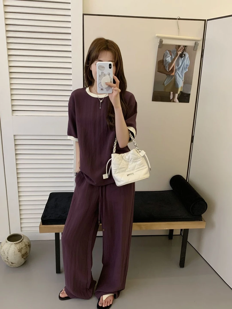 2025夏季女款圆领撞色亚麻短袖直筒套装818