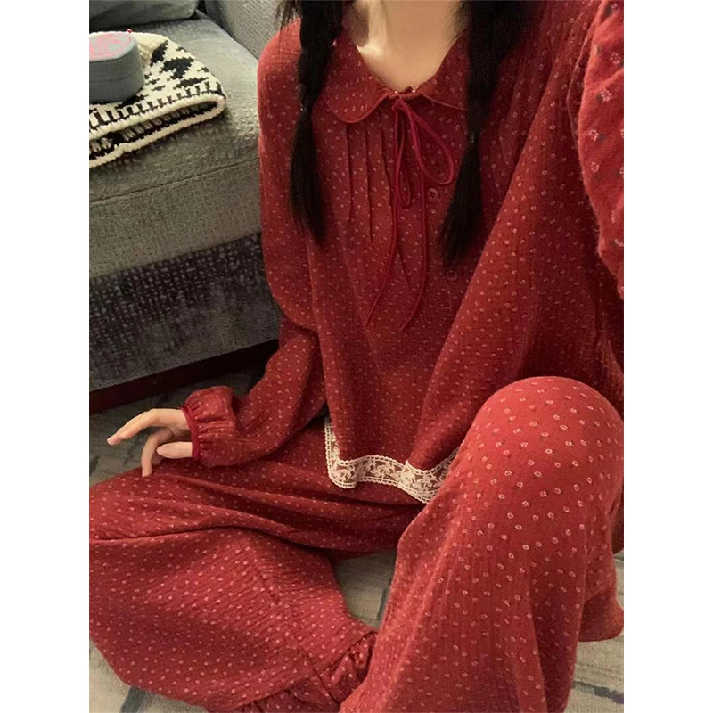 喜庆新年红新中式国风复古红碎花居家服睡衣女春秋新款家居服套装