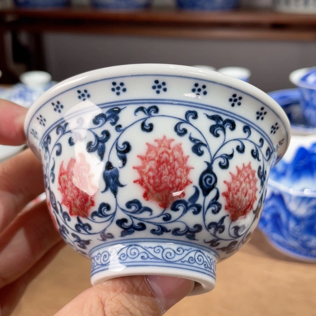 杯春风祥玉青花釉里红压手杯