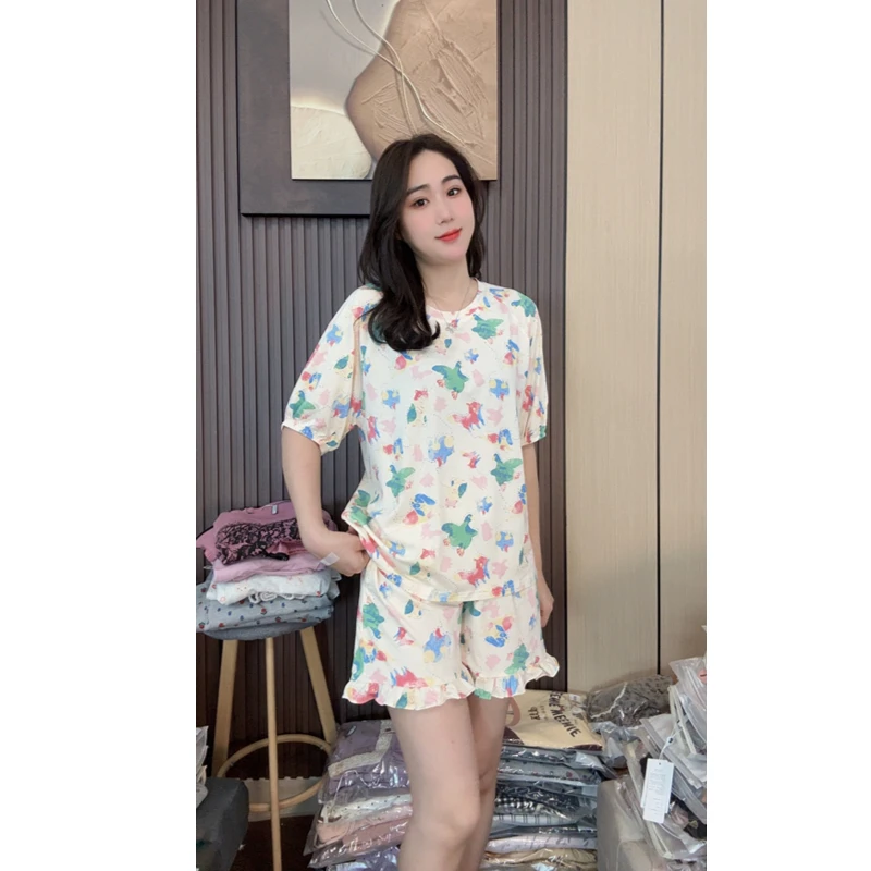 睡衣女夏季新款莱赛尔棉短袖短裤可外穿家居服套装（多巴胺大鹅）